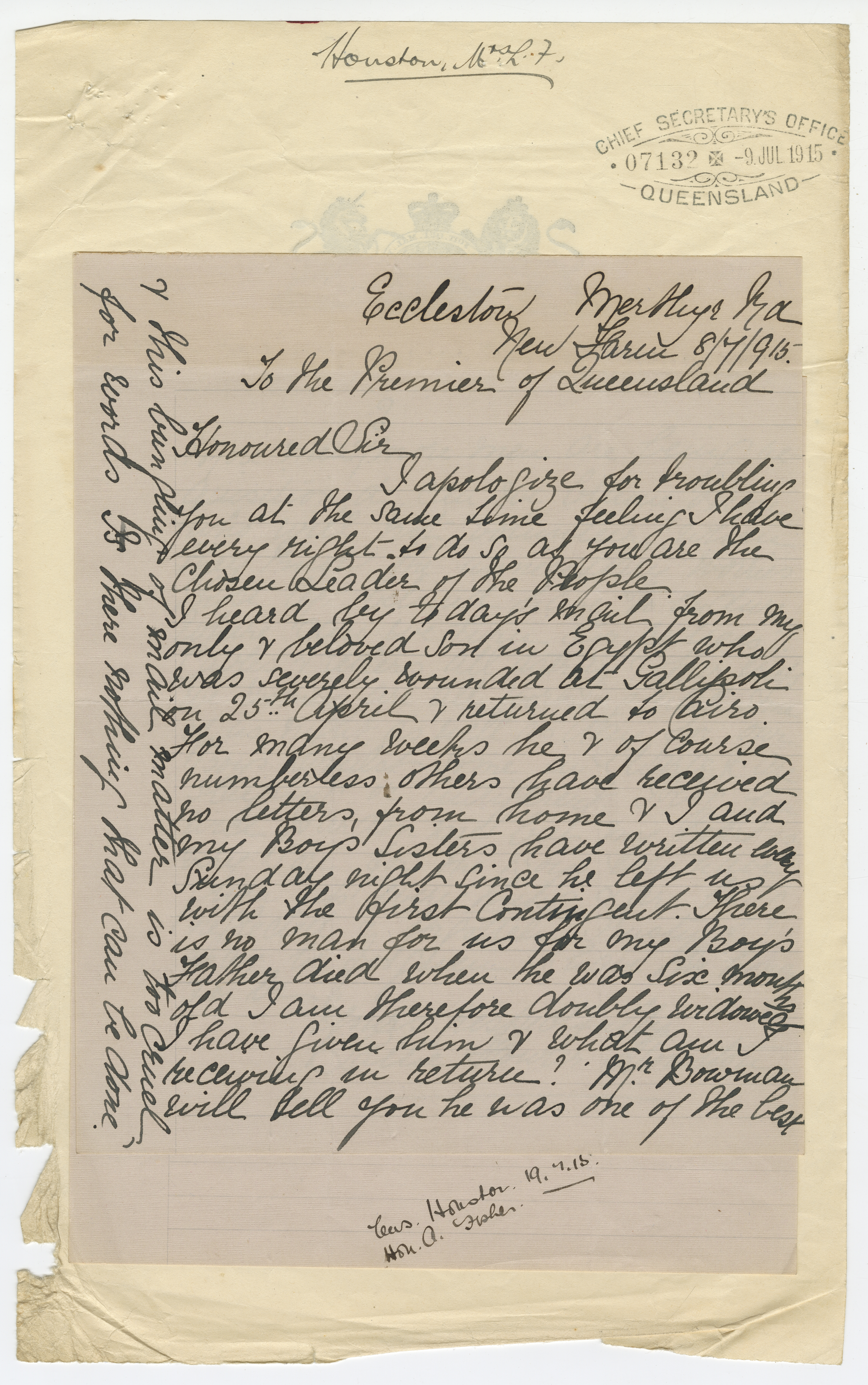 Queensland Archives image of Lallie Fowler Houston letter to Queensland Premier T J Ryan