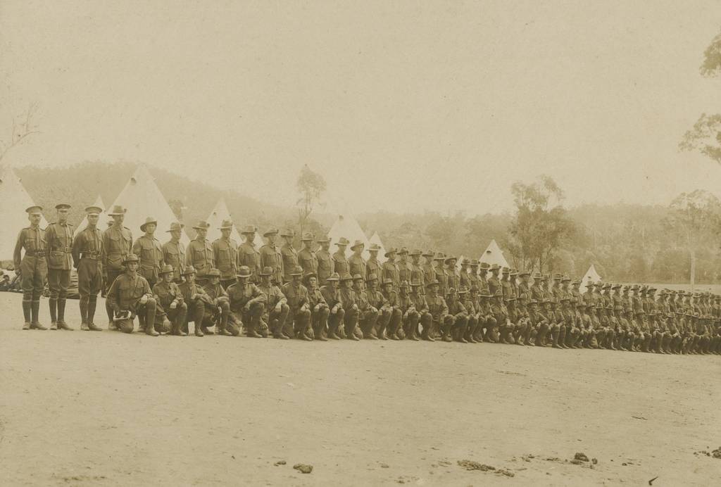 Soldiers at the Enoggera Army Barracks 1914. Picture courtesy of the State Library of Queensland