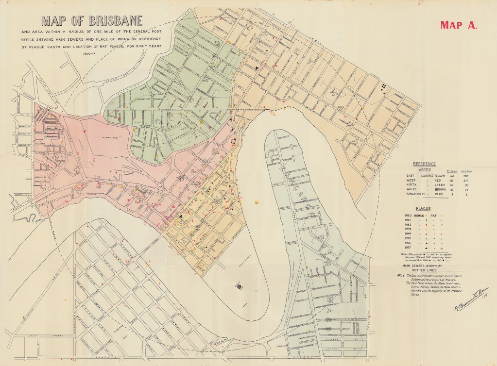 Map showing outbreaks in Brisbane between 1900 -1907. 